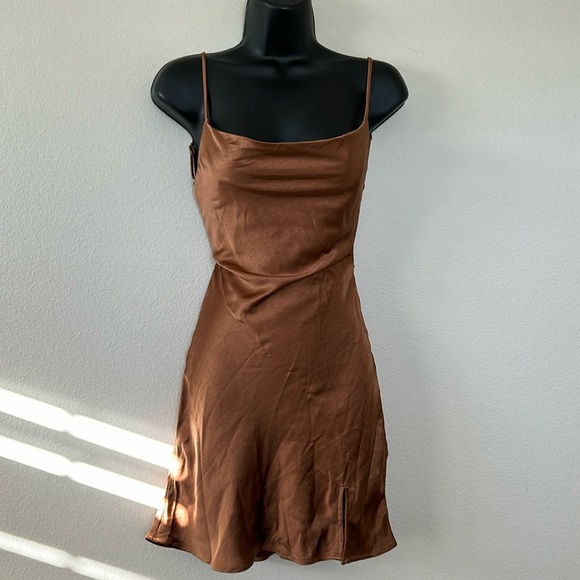 Princess Polly Alfie Copper Brown Satin Backless Square Neck Mini Dress - Picture 5 of 12